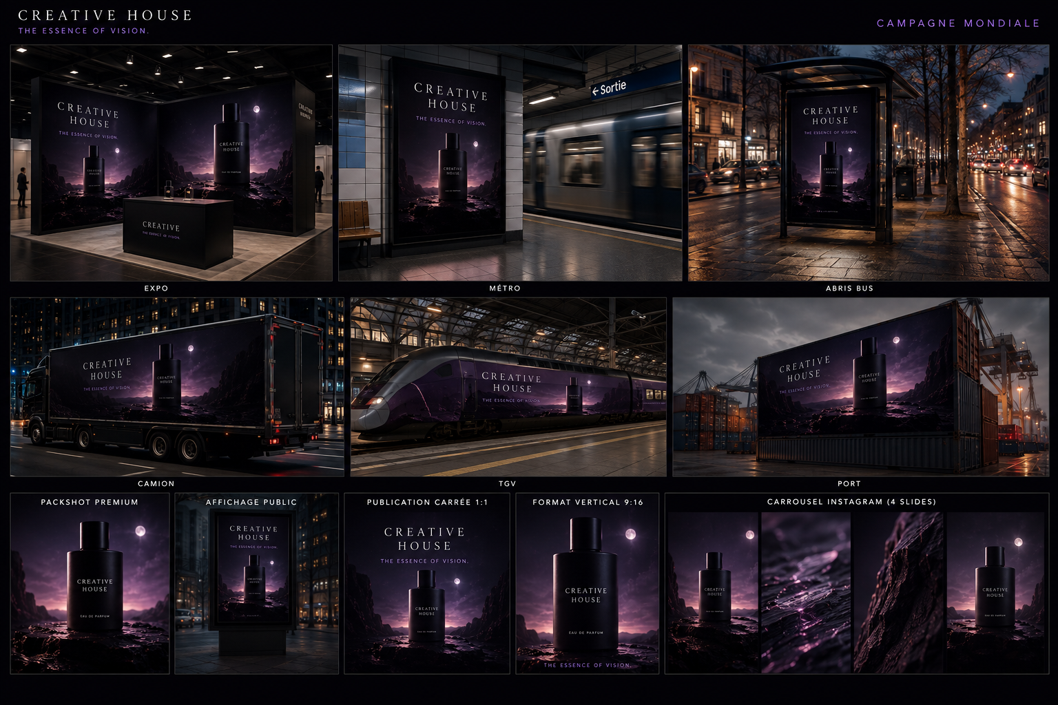 Déclinaisons de la campagne parfum : packshot, publication carrée, format vertical, carrousel et mises en situation sur différents supports.